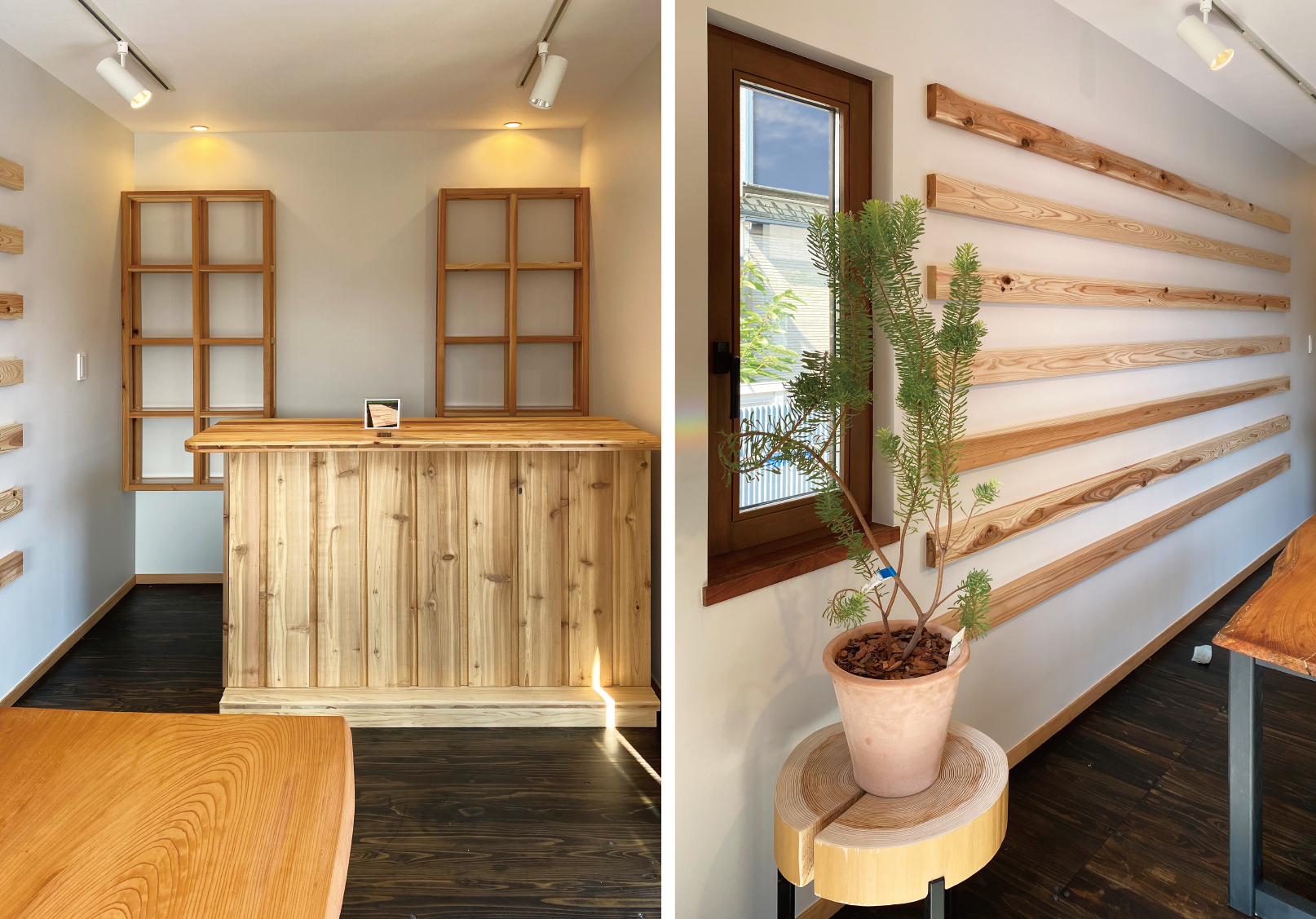 カウンターや飾り棚をスポットライトが照らす、カフェバーのような空間